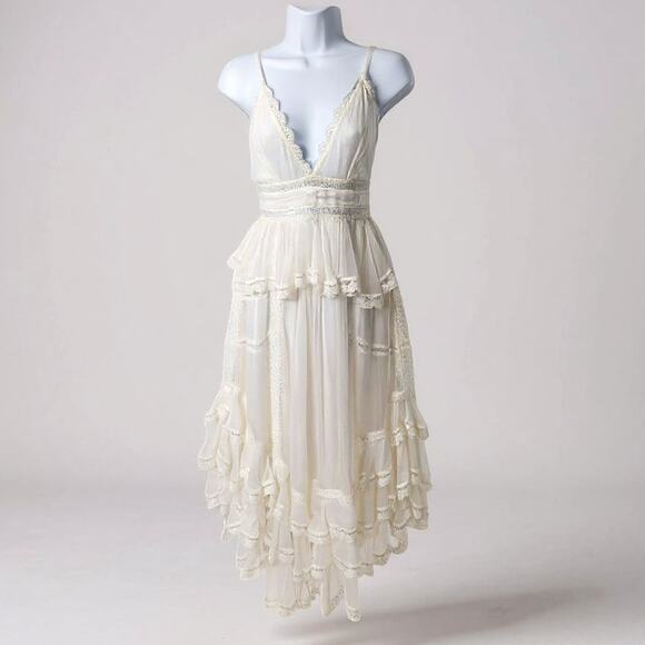 Rococo Sand Mia Maxi Dress White Lace Trim Handkerchief Hem Resort XS NWT - Picture 1 of 13